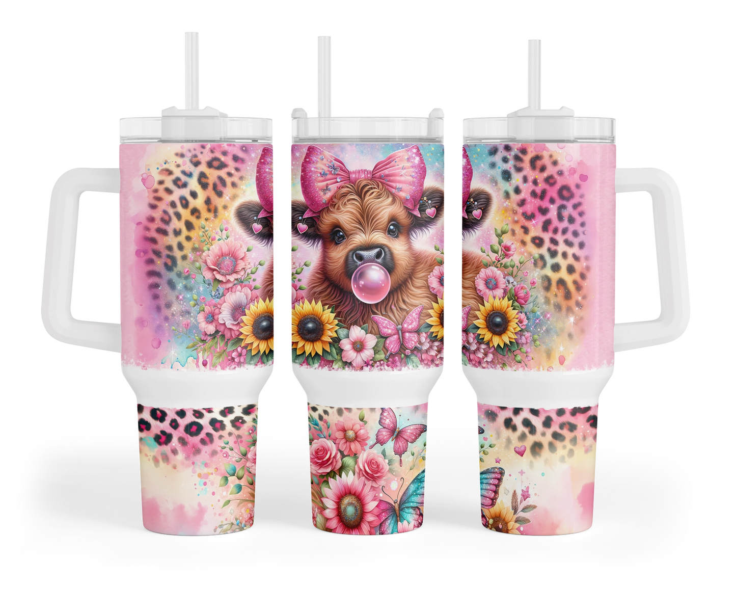 Bubble Bliss Highland Cow Tumbler  -  Cute 40oz Sunflowers and Leopard Print Tumbler With Handle - Gift For Cow Lovers