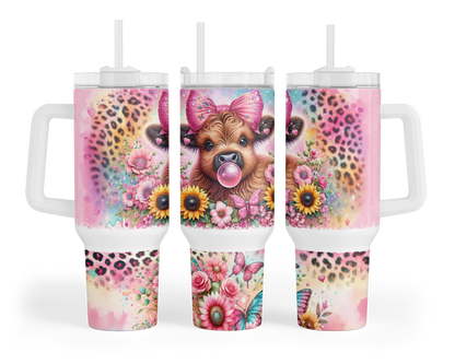 Bubble Bliss Highland Cow Tumbler  -  Cute 40oz Sunflowers and Leopard Print Tumbler With Handle - Gift For Cow Lovers