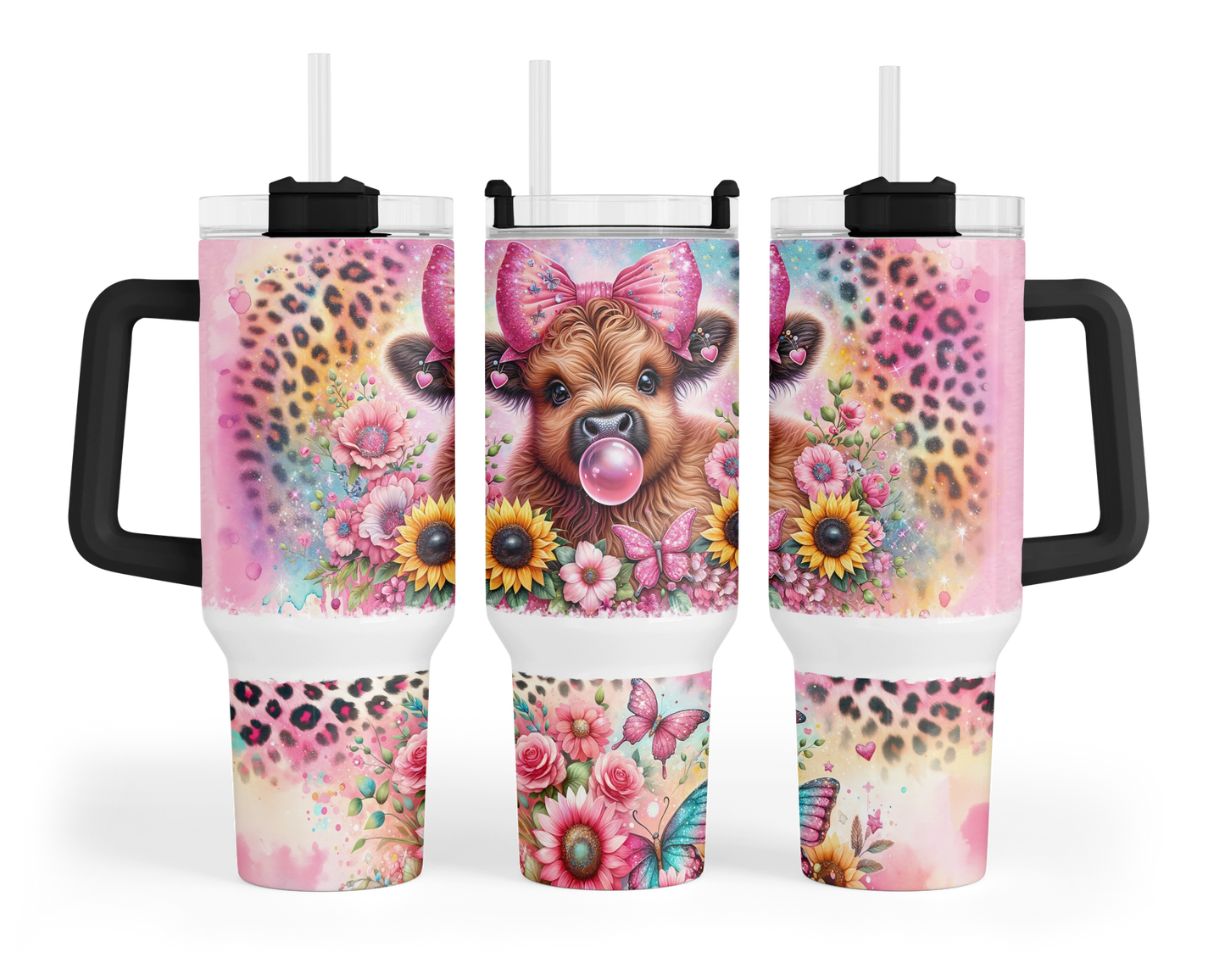 Bubble Bliss Highland Cow Tumbler  -  Cute 40oz Sunflowers and Leopard Print Tumbler With Handle - Gift For Cow Lovers