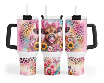 Bubble Bliss Highland Cow Tumbler  -  Cute 40oz Sunflowers and Leopard Print Tumbler With Handle - Gift For Cow Lovers