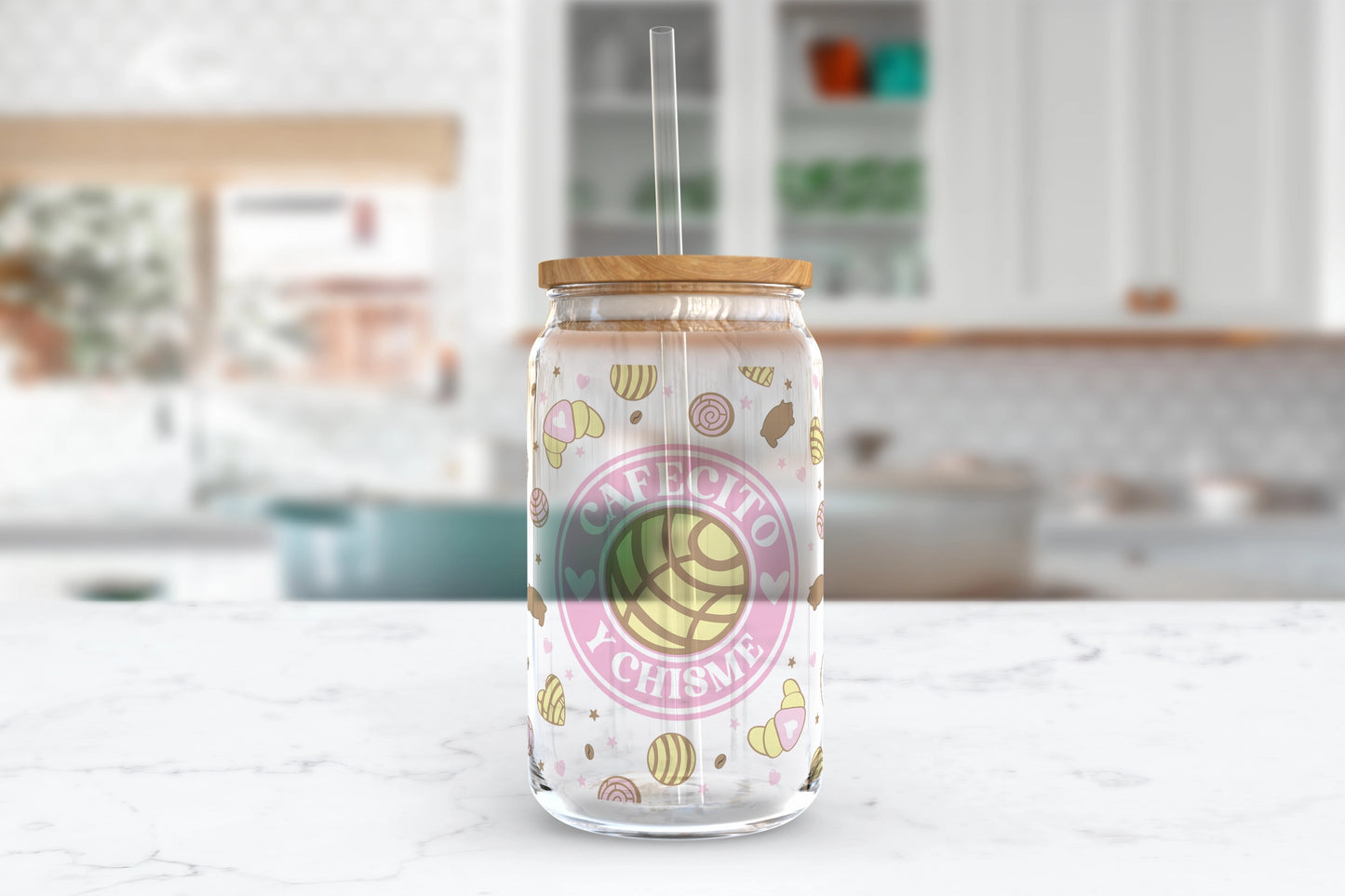 A 16oz clear glass tumbler featuring various coffee drinks and sweet treat icons swirling around it, with the words 'Cafecito Y Chisme'