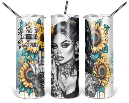 Three views of the 20 oz tumbler featuring Cancel My Subscription portrait with golden sunflowers and teal accents on a white background