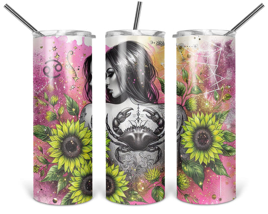 Celestial Blooms and Cancer Moons 20 oz tumbler shown from three angles with Cancer zodiac woman, crab artwork, green sunflowers and pink celestial background