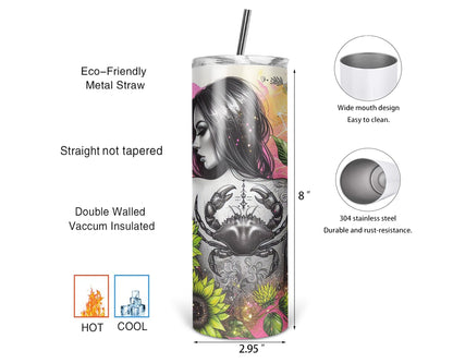 Cancer Zodiac / 20oz Spiritual Boho Chic Tumbler With Straw / Gift For Astrology Lovers