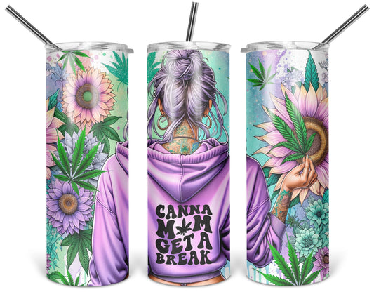 Three views of the 20 oz tumbler featuring Canna Mom Get A Break rear-view woman in a purple hoodie with flowers and cannabis leaves on a white background