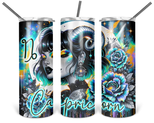 Three views of the 20 oz tumbler featuring Cosmic Blooms and Capricorn Moons horned woman with teal flowers and stars on a white background