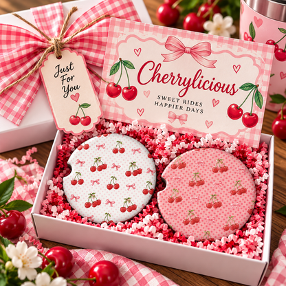 Cherrylicious cherry-and-bow coaster set arranged in a gift box