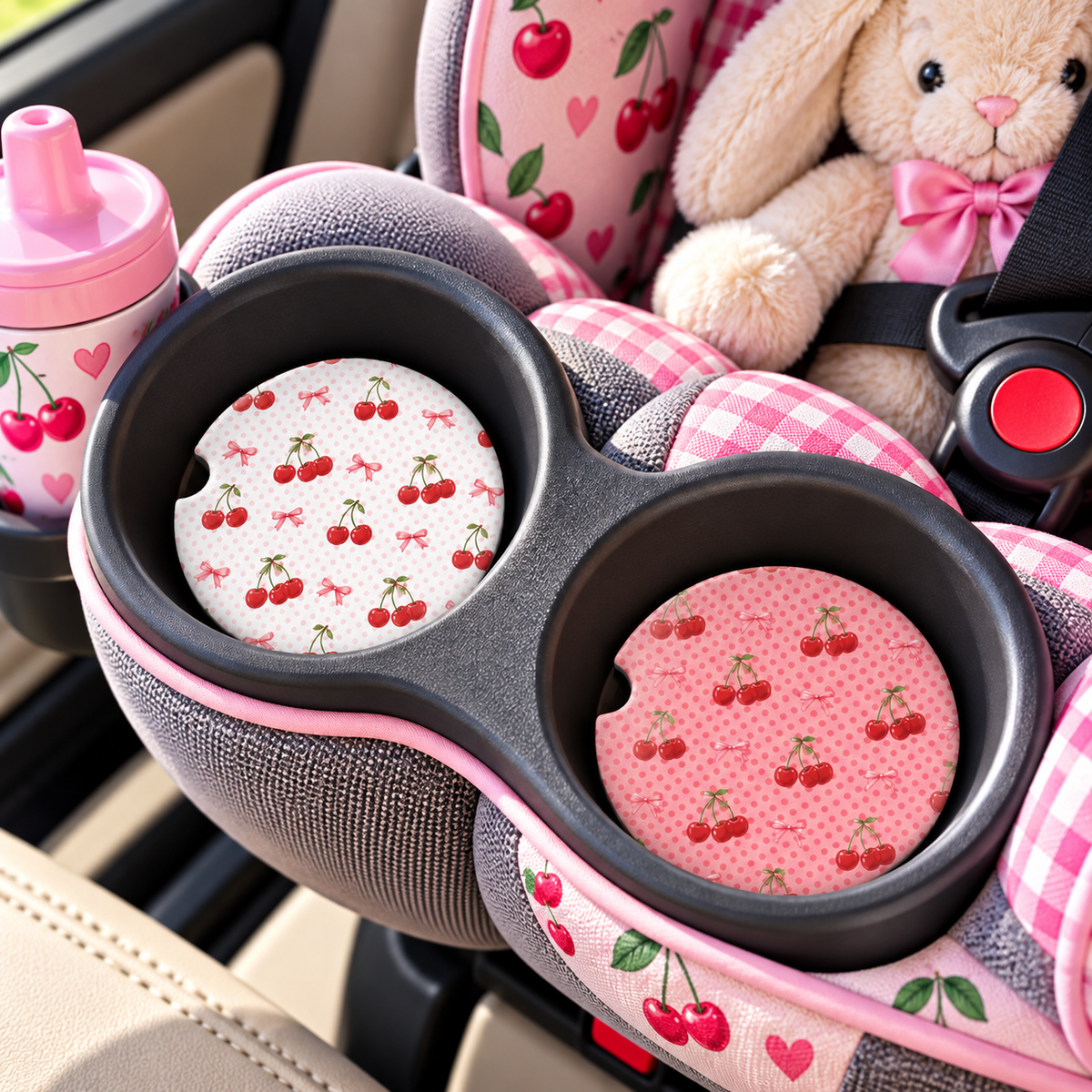 Cherry-and-bow coasters displayed in child car-seat cup holders