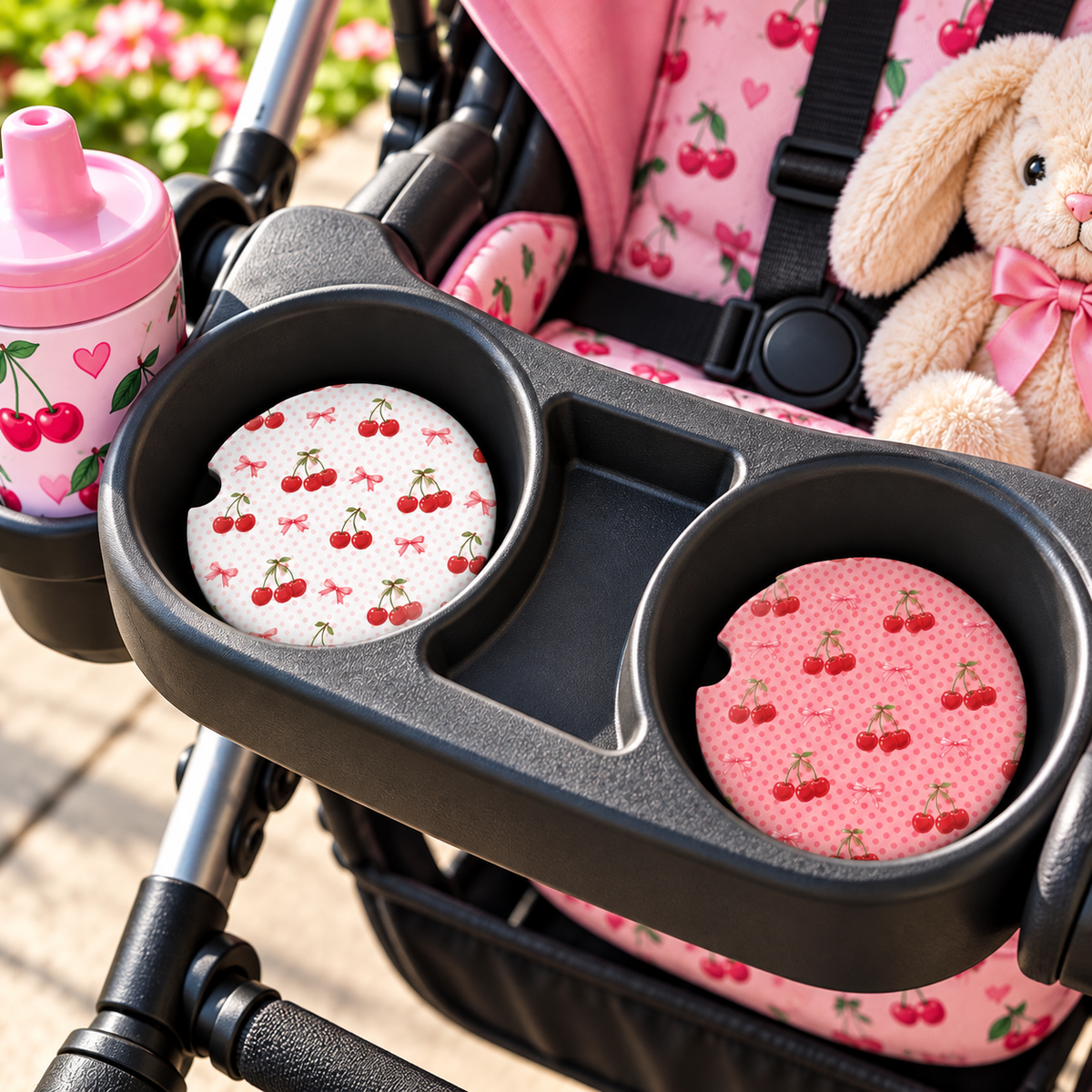 White and pink cherry coasters displayed in stroller cup holders