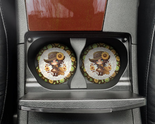Steampunk Blooms Car Cup Holder Coasters – Set of 2 Coasters ⚙️ Unique Steampunk Car Decor for a Stylish Ride