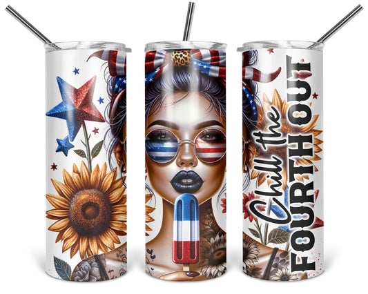 Three views of the 20 oz tumbler featuring Chill The Fourth Out patriotic woman with flag sunglasses, sunflowers, and red-white-and-blue ice pop on a white background