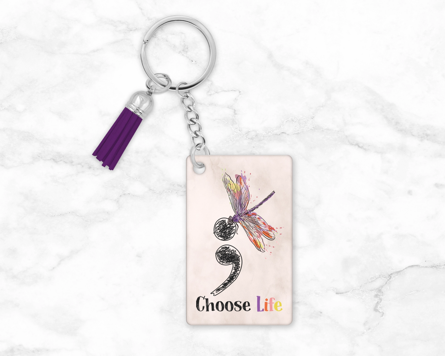 Choose Life Keychain - Suicide Prevention Month Keyring - Semicolon Dragonfly Mental Health AwarenessLanyard