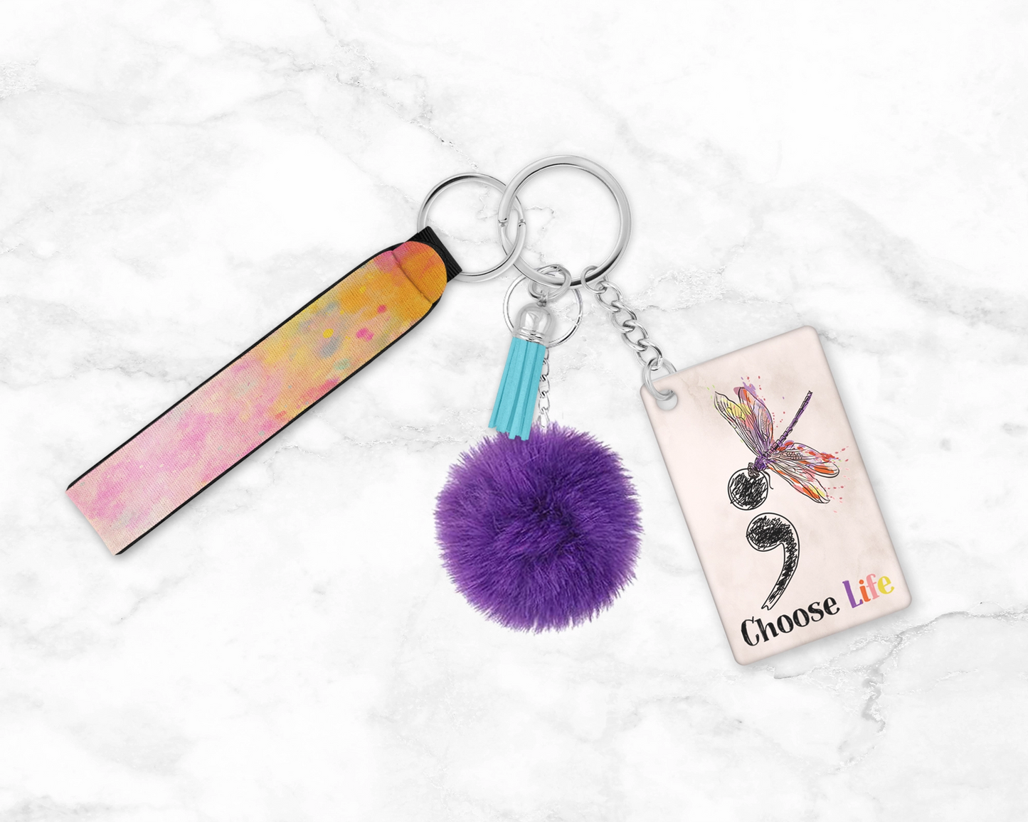 Choose Life Keychain - Suicide Prevention Month Keyring - Semicolon Dragonfly Mental Health AwarenessLanyard