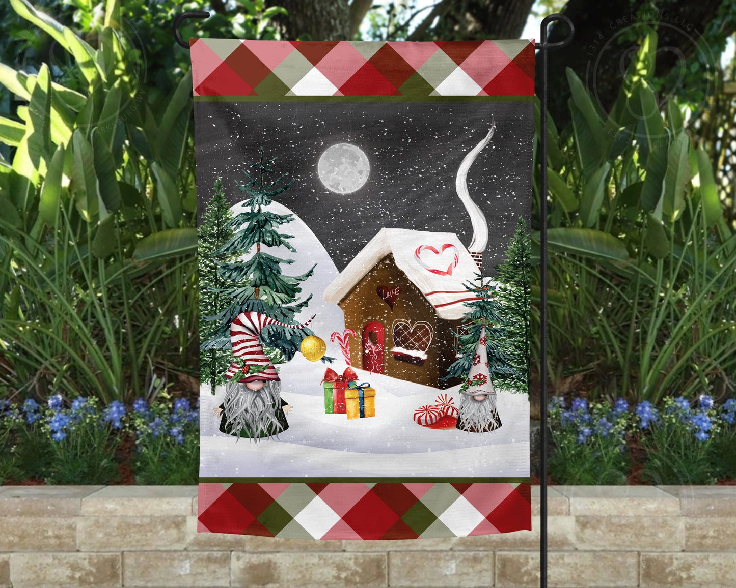 Jolly Abode Gnome Garden Flag - Outdoor Christmas Yard Decor - Housewarming Gift