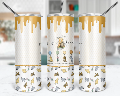 Personalized Classic Pooh tumbler featuring Gigi Bear and customizable character designs with grandkids' names