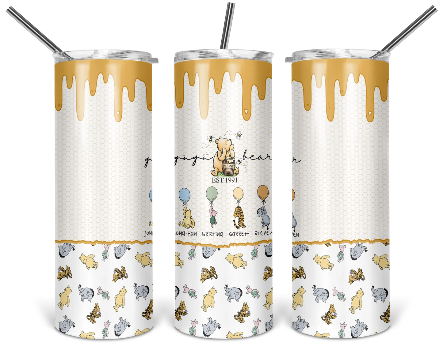 Personalized Classic Pooh tumbler featuring Gigi Bear and customizable character designs with grandkids' names