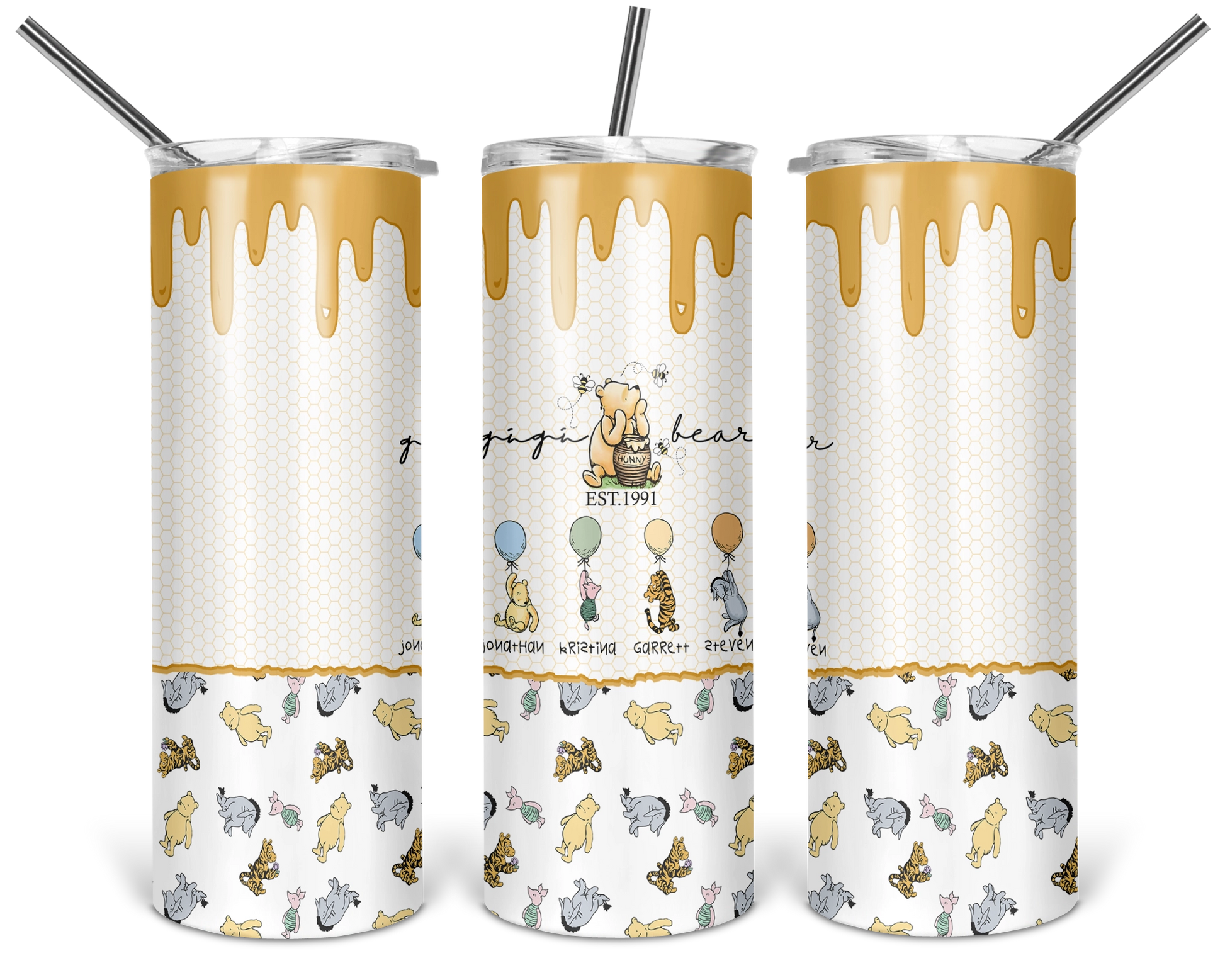 Personalized Classic Pooh tumbler featuring Gigi Bear and customizable character designs with grandkids' names