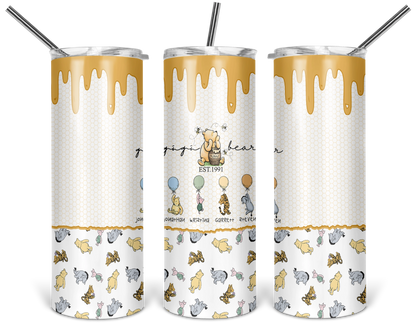 Personalized Classic Pooh tumbler featuring Gigi Bear and customizable character designs with grandkids' names