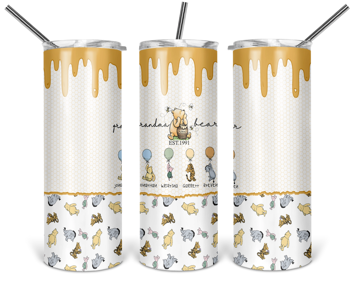 Personalized Classic Pooh tumbler featuring Grandma Bear and customizable character designs with grandkids' names