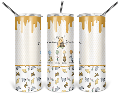 Personalized Classic Pooh tumbler featuring Grandma Bear and customizable character designs with grandkids' names