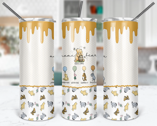 Personalized Classic Pooh tumbler featuring Mama Bear and customizable character designs with kids' names