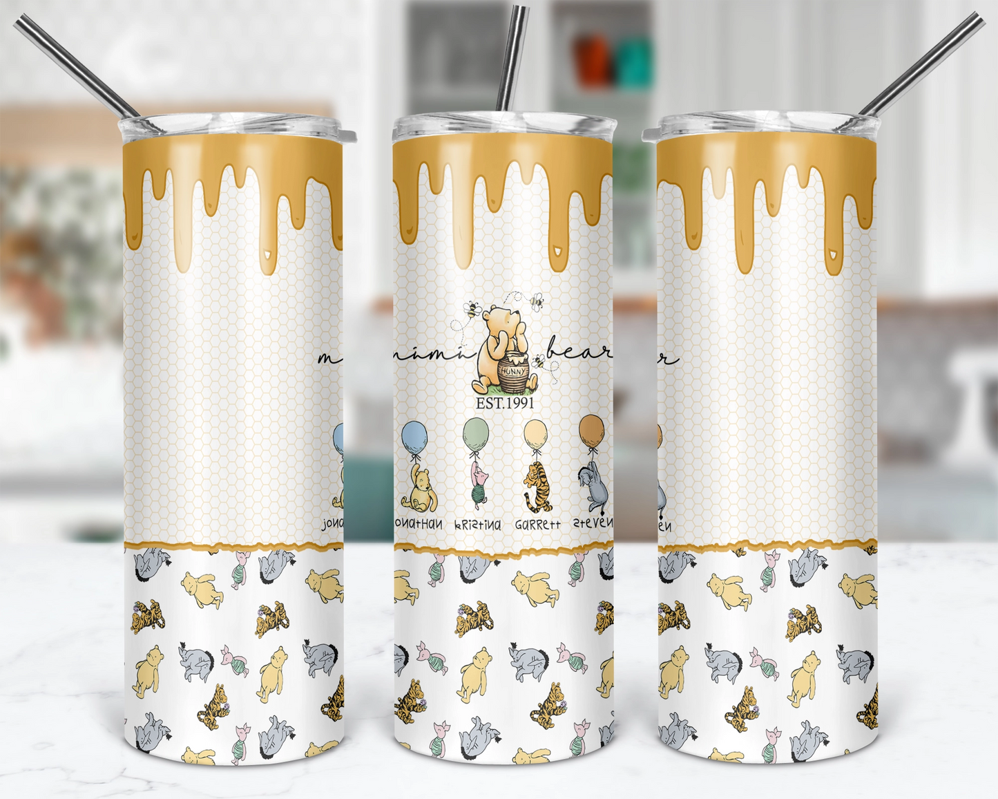 Personalized Classic Pooh tumbler featuring Mimi Bear and customizable character designs with grandkids' names