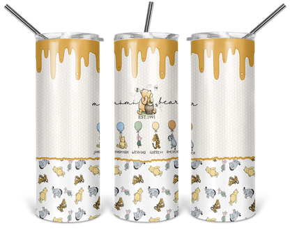 Personalized Classic Pooh tumbler featuring Mimi Bear and customizable character designs with grandkids' names