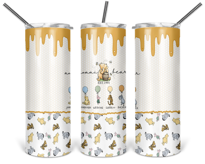 Personalized Classic Pooh tumbler featuring Momma Bear and customizable character designs with kids' names