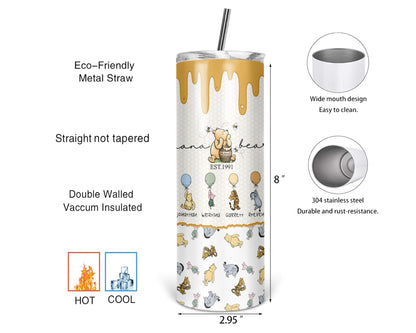 Personalized Classic Pooh tumbler featuring Nana Bear and customizable character designs with grandkids' names