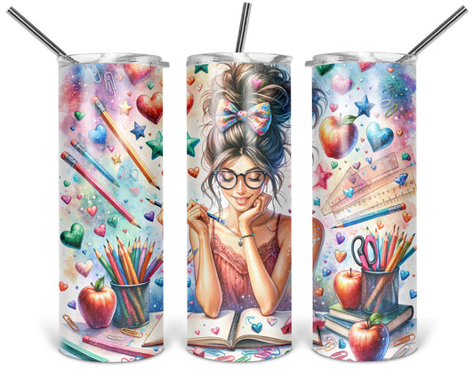 Three views of the 20 oz tumbler featuring Classroom Chronicles teacher with glasses, colorful pencils, apples, and school supplies on a white background