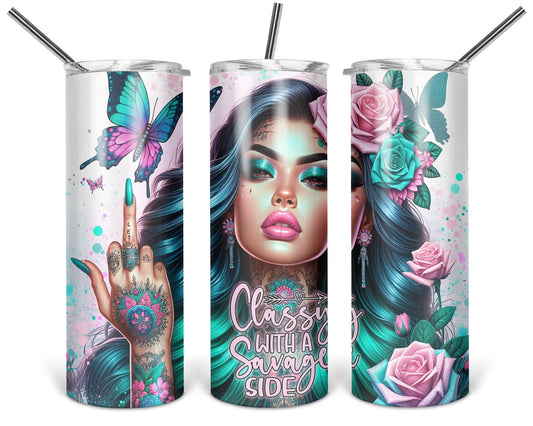 Three views of the 20 oz tumbler featuring Classy With A Savage Side teal-haired woman with pink roses and butterflies on a white background