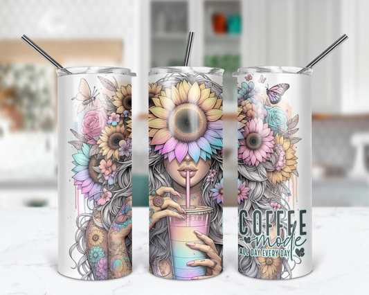 Coffee Mode All Day Every Day / Colorful 20oz Sunflower Tumbler With Straw / Gift For Her