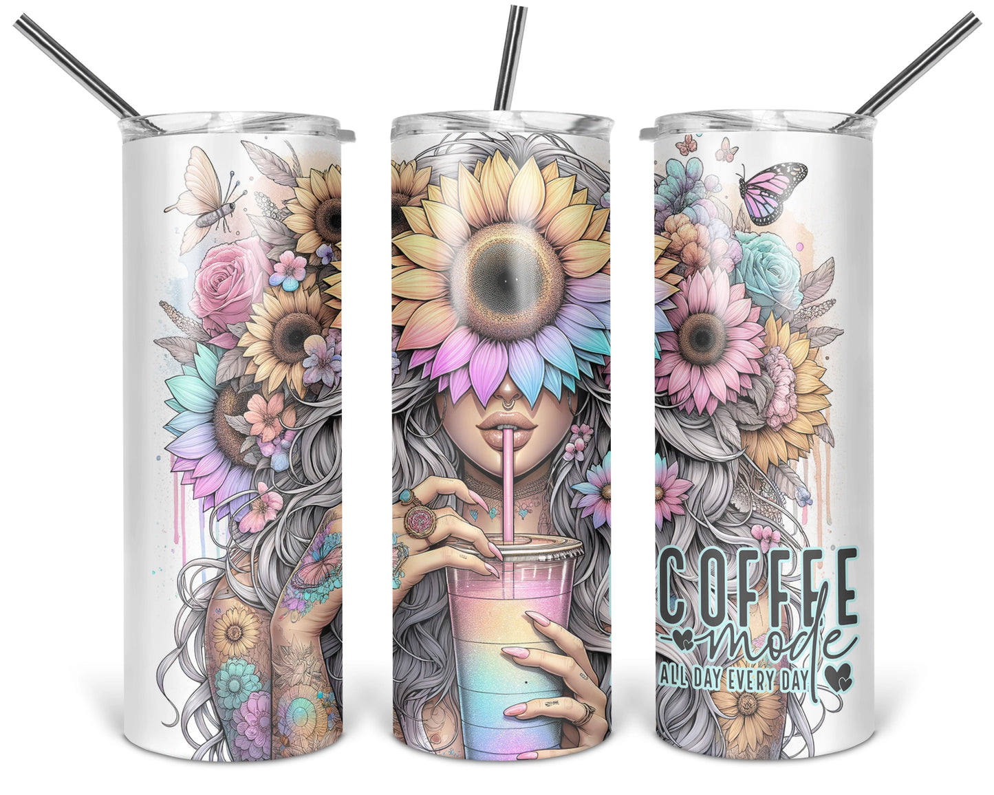 Coffee Mode All Day Every Day / Colorful 20oz Sunflower Tumbler With Straw / Gift For Her