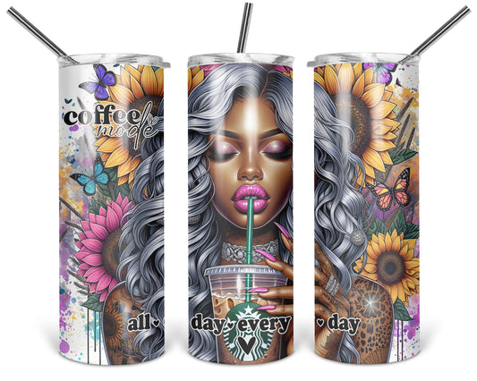 Three views of the 20 oz tumbler featuring Coffee Mode silver-haired woman sipping coffee with sunflowers and butterflies on a white background