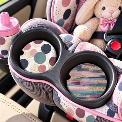 Colorful abstract car coasters displayed inside child car seat cup holders