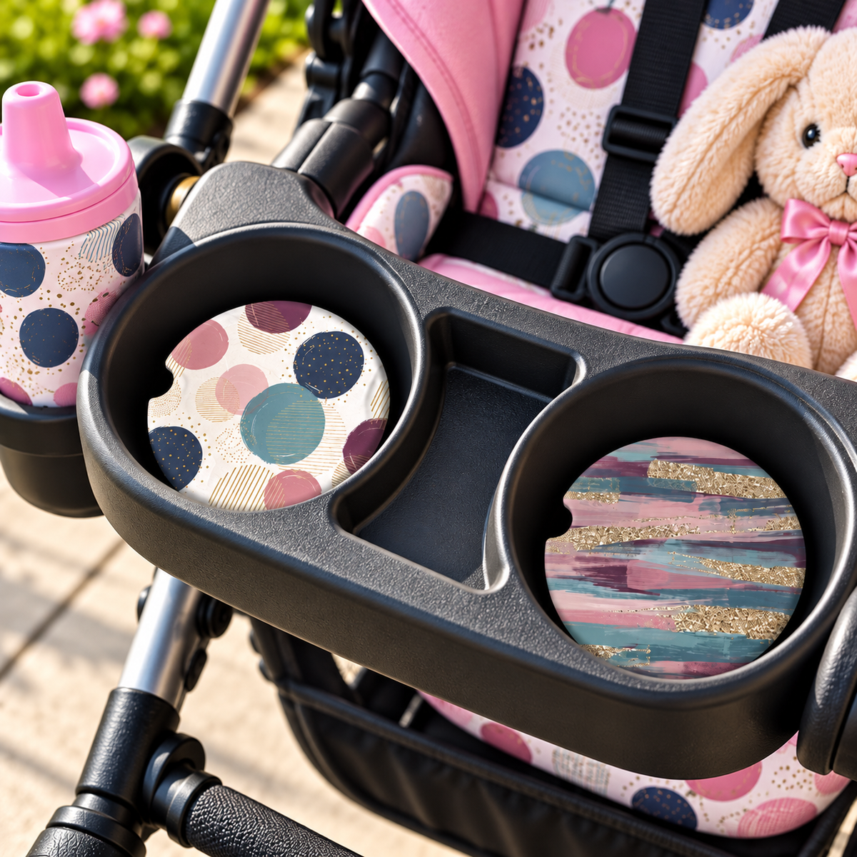 Colorful Connections circle-pattern and brushstroke coasters displayed in two cup holders on a tray