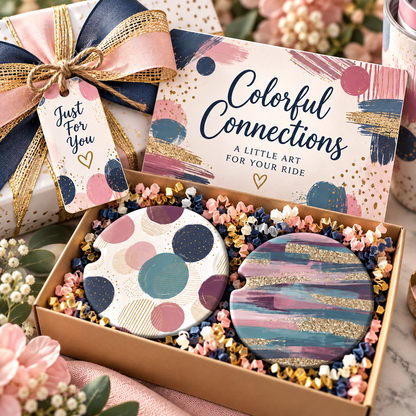 Colorful Connections abstract car coaster set packaged as a gift