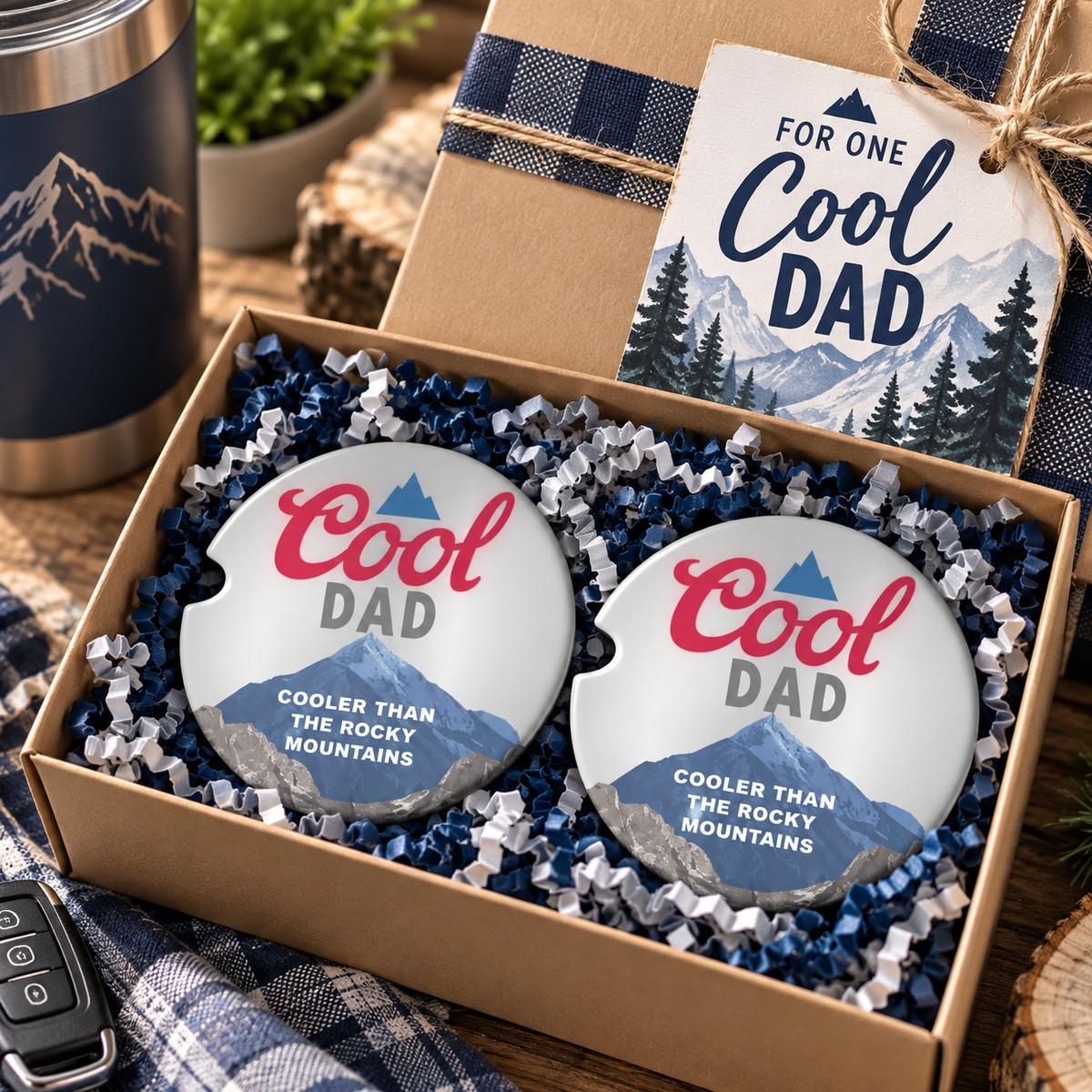Cooler Than the Rockies car coaster set packaged as a gift for Dad