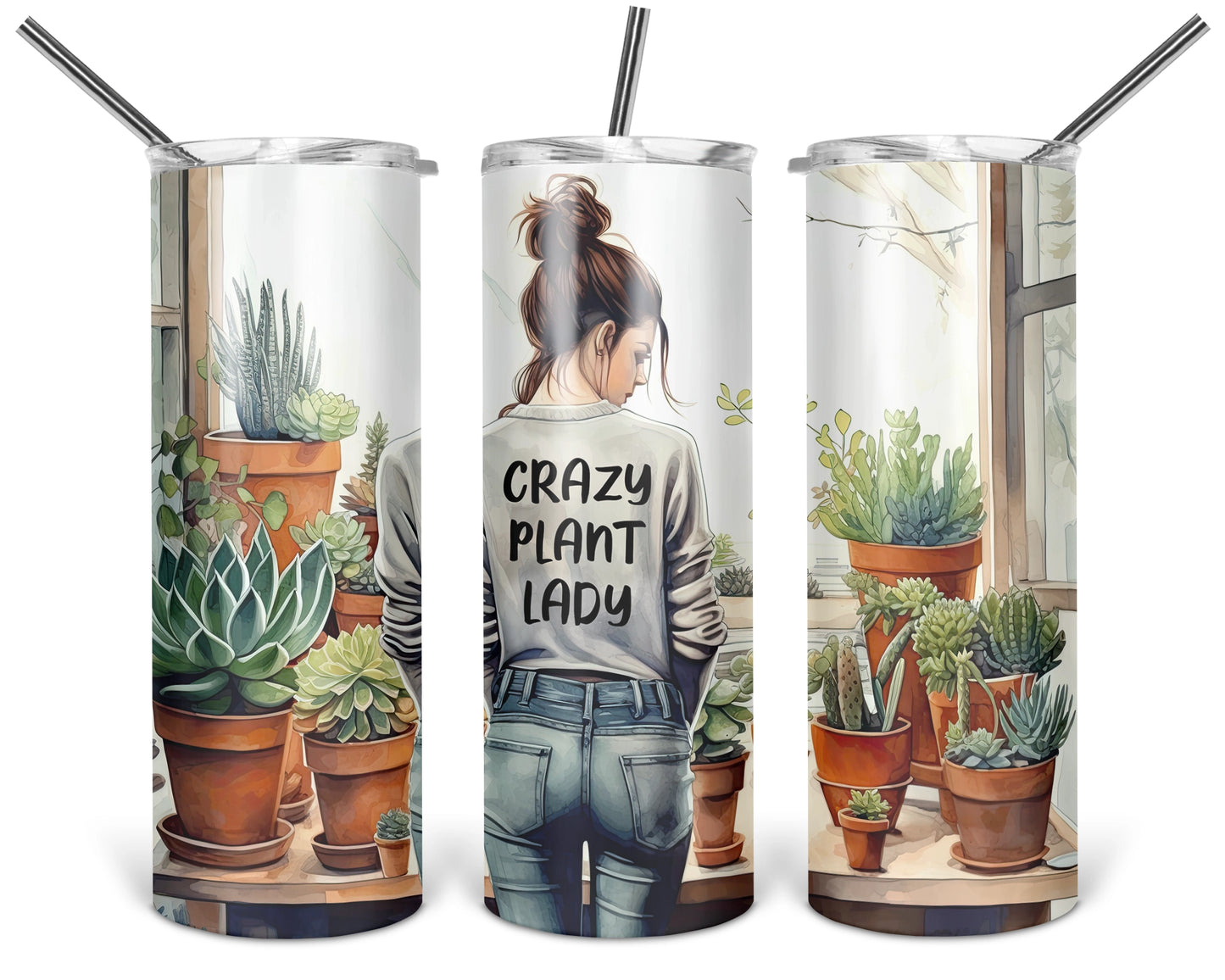 Crazy Plant Lady / 20oz Messy Bun Tumbler With Straw / Gift For Plant Lovers