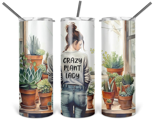 Three views of the 20 oz tumbler featuring Crazy Plant Lady rear-view messy-bun woman with potted succulents on a white background