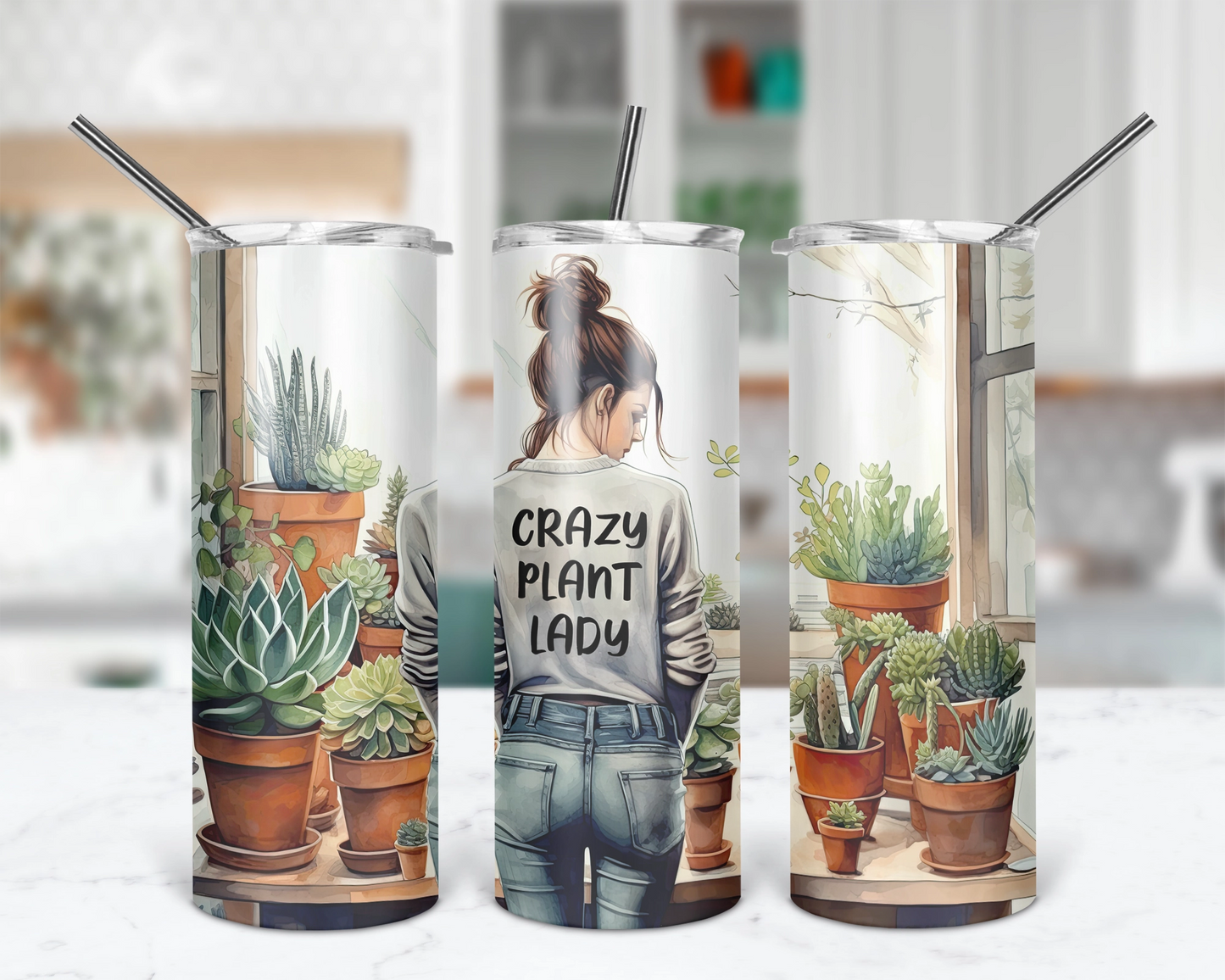 Crazy Plant Lady / 20oz Messy Bun Tumbler With Straw / Gift For Plant Lovers