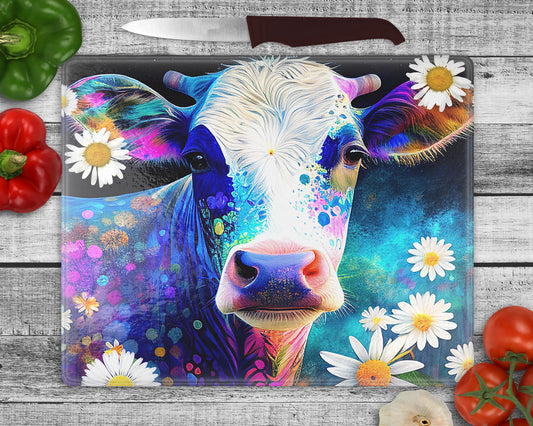 Dazzlesome Daisies Cutting Board - Tempered Glass Cow Chopping Board - Farmhouse Home Decor