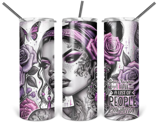 Three views of the 20 oz tumbler featuring Dear Karma portrait with purple roses and butterflies on a white background