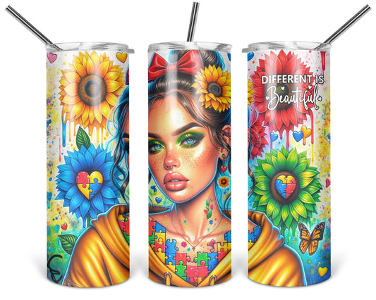 Three views of the 20 oz tumbler featuring Different Is Beautiful woman in a yellow hoodie with rainbow flowers and puzzle-inspired hearts on a white background