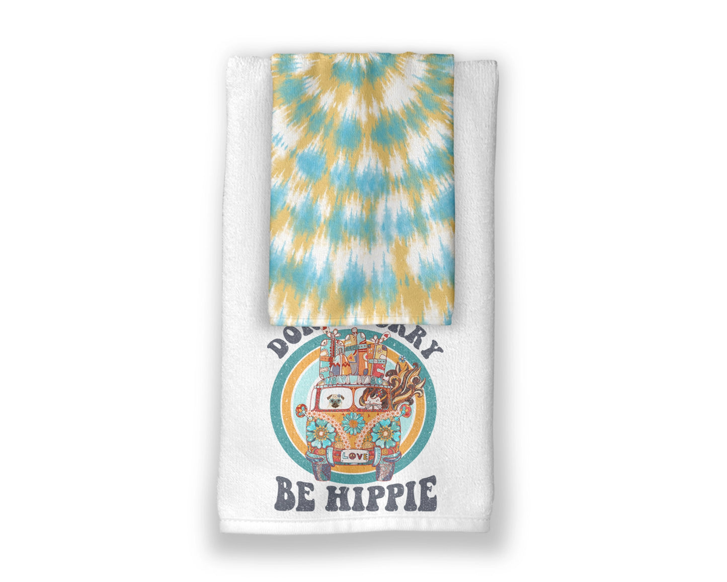 Don't Worry Be Hippie Towel Set - Groovy Tie Dye Towels - Housewarming Gift