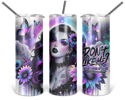 Three views of the 20 oz tumbler featuring Cosmic Attitude woman with purple flowers, butterflies, and sarcastic lettering on a white background