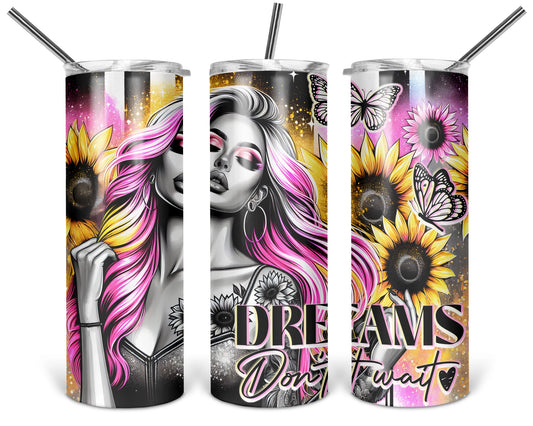 Three views of the 20 oz tumbler featuring Dreams Don't Wait pink-highlighted woman with sunflowers and butterflies on a white background