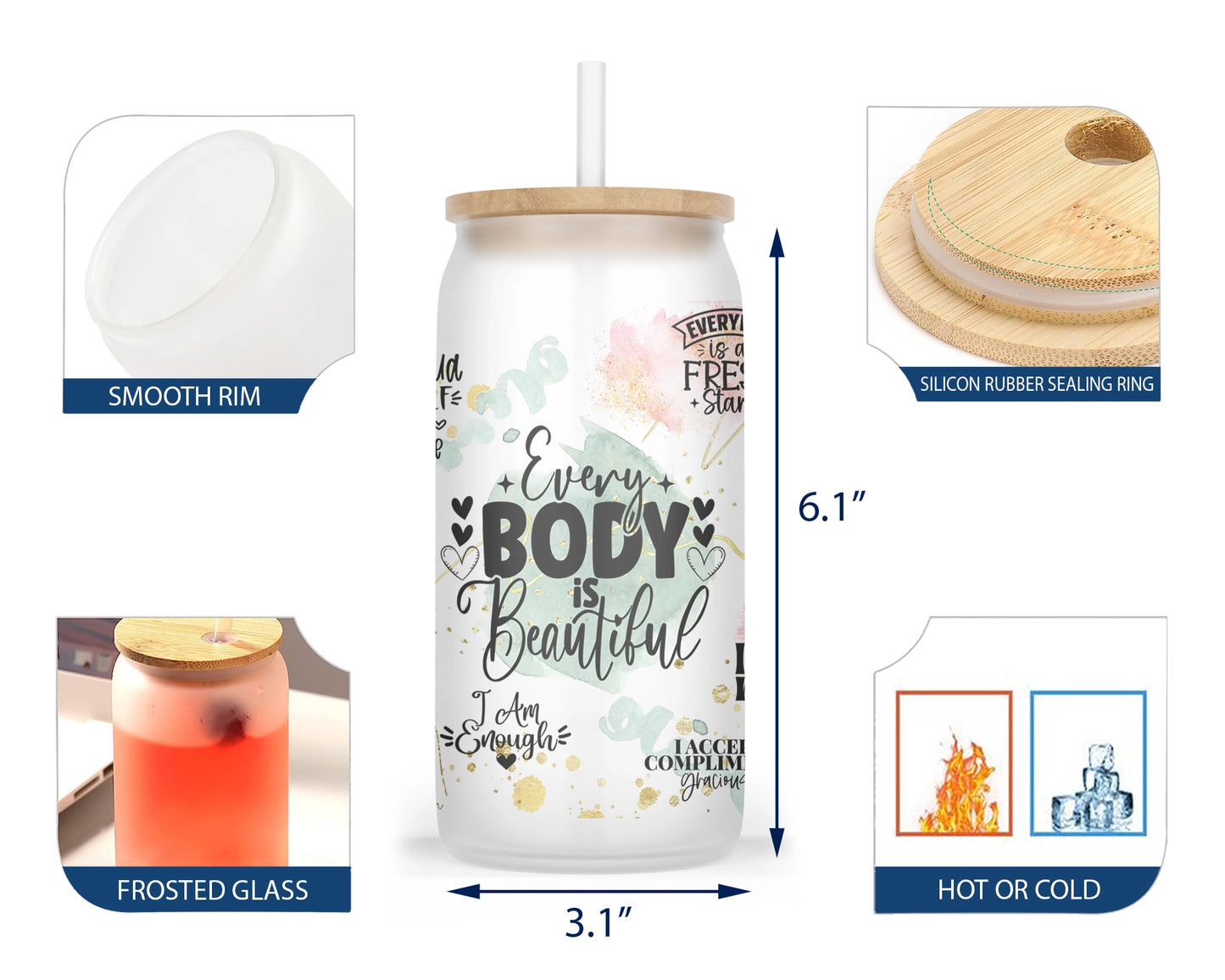 A 16oz frosted glass tumbler adorned with inspirational self-love quotes and the words 'Every Body Is Beautiful'