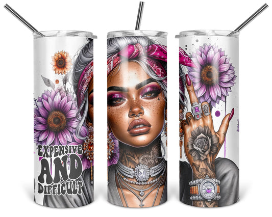 Three views of the 20 oz tumbler featuring High Maintenance Expensive and Difficult portrait with purple flowers and jewelry on a white background