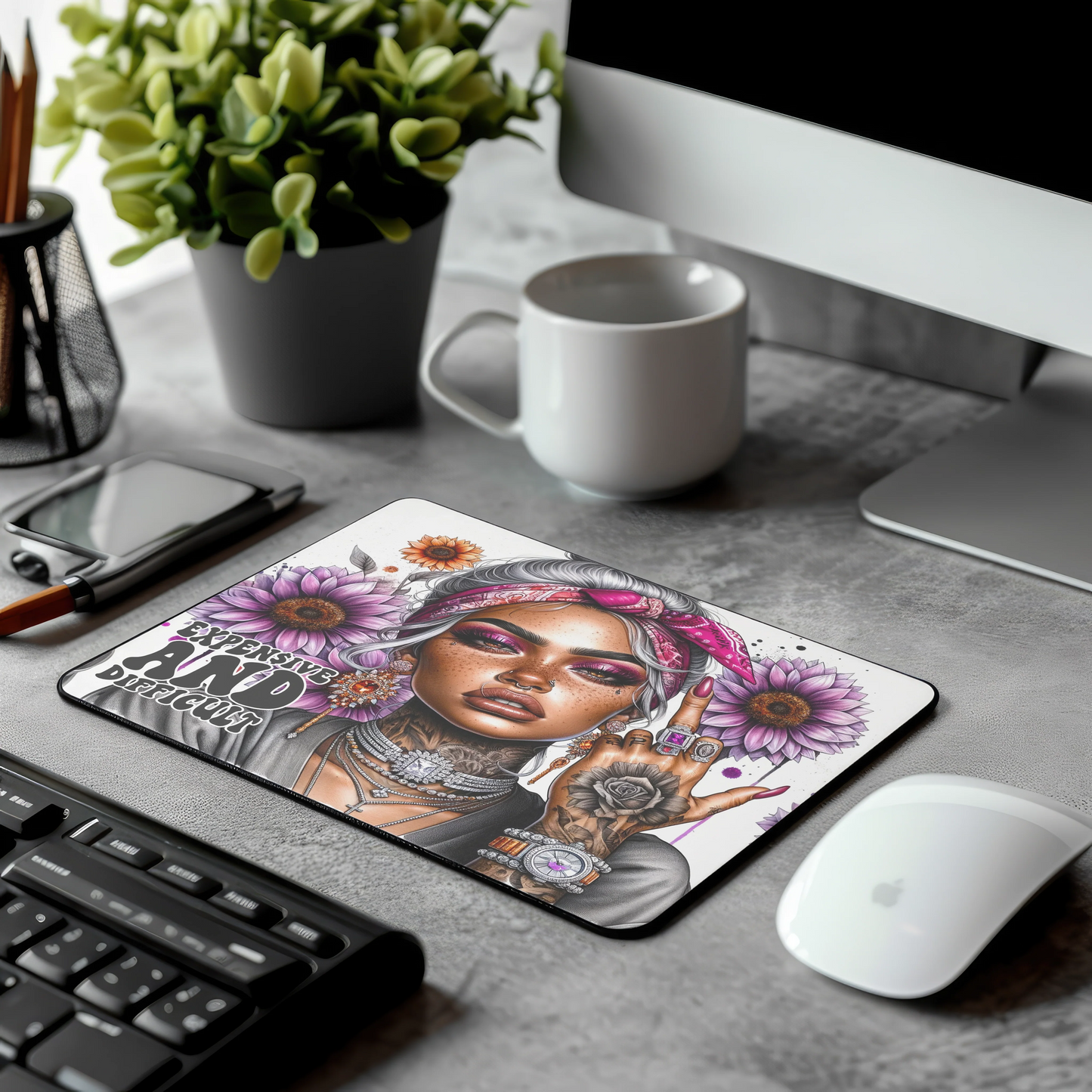 Expenssive And Difficult Mouse Pad / Boho Chic Sunflower Desk Mat / Sassy Mousepad For Her